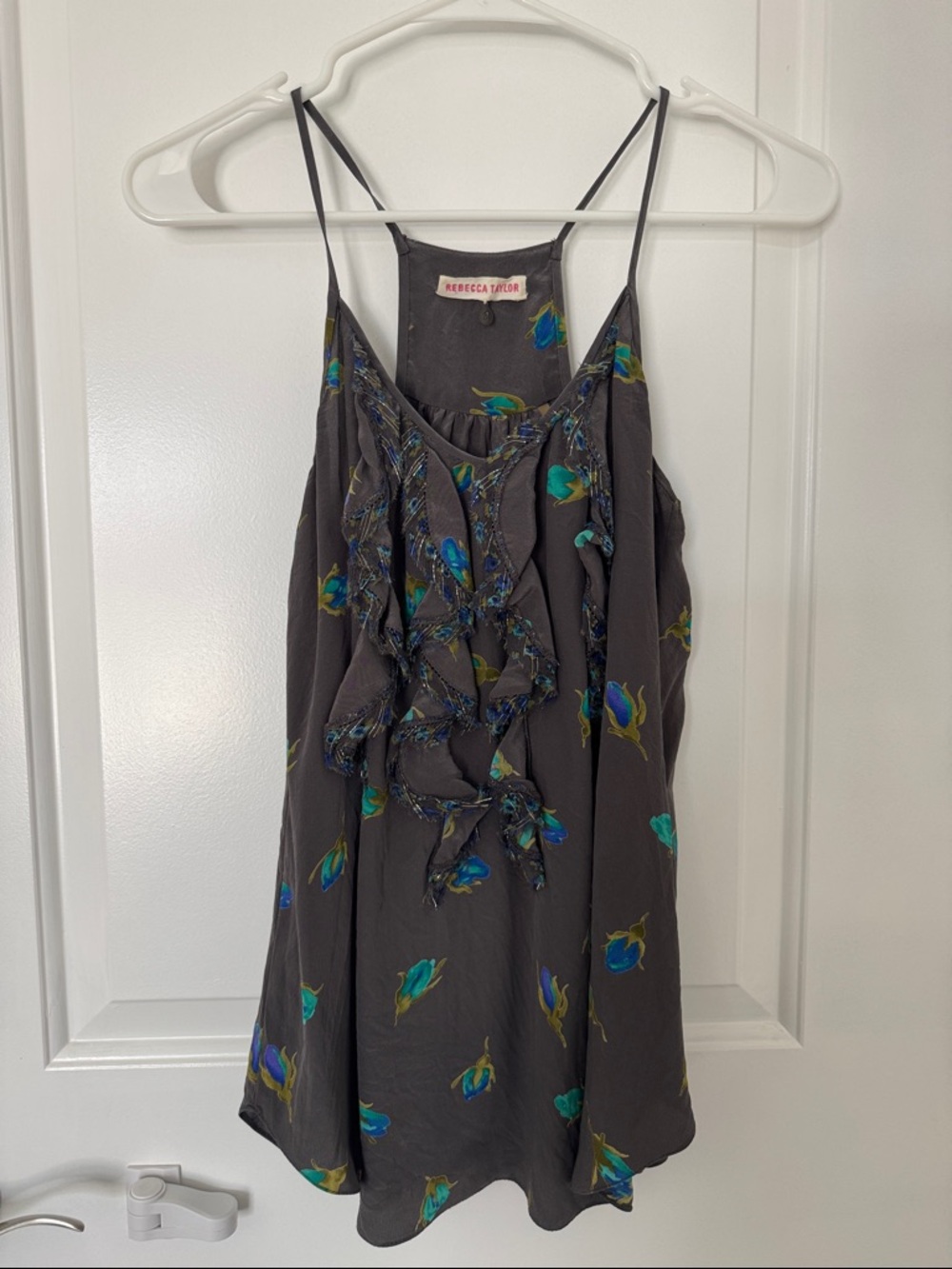 Rebecca Taylor Charcoal Floral Ruffle Silk Cami